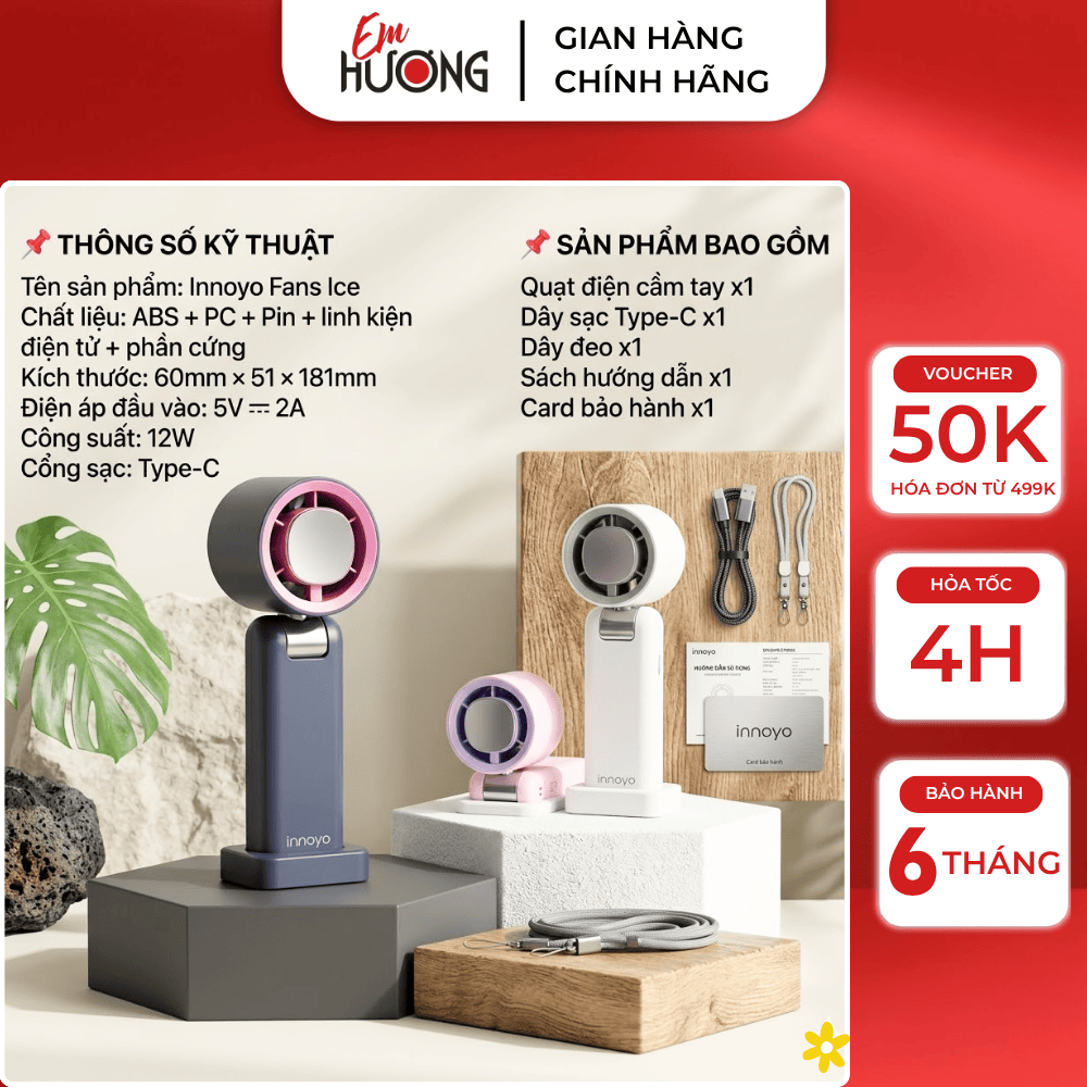 Quạt cầm tay Innoyo Fans Ice - 100 cấp độ gió, gập linh hoạt 180 độ, tích hợp sò lạnh - Tặng kèm dây