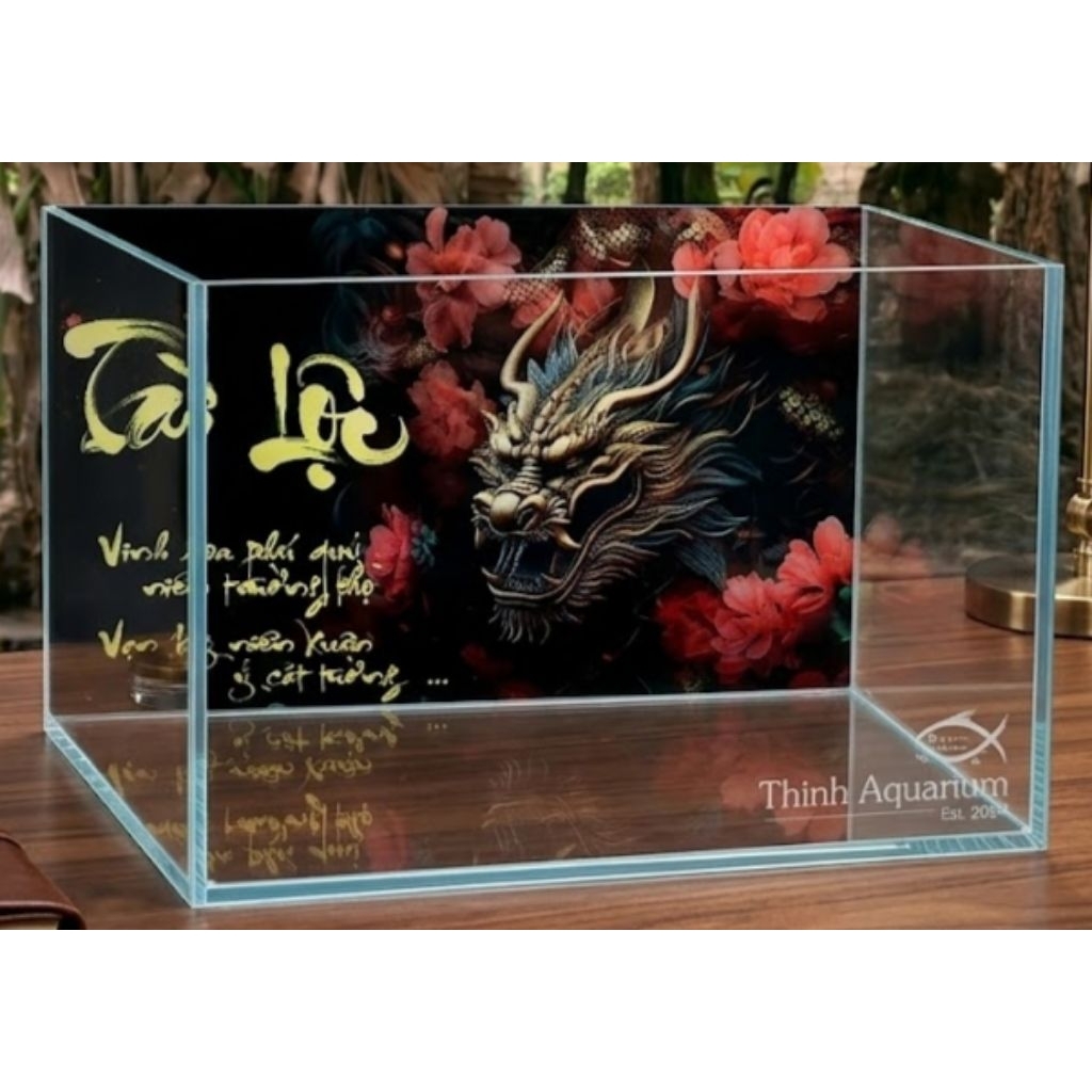Bể kính Siêu trong 4 mặt 40x25x25 decal 3D(Mài vi tính) kính 5ly để bàn