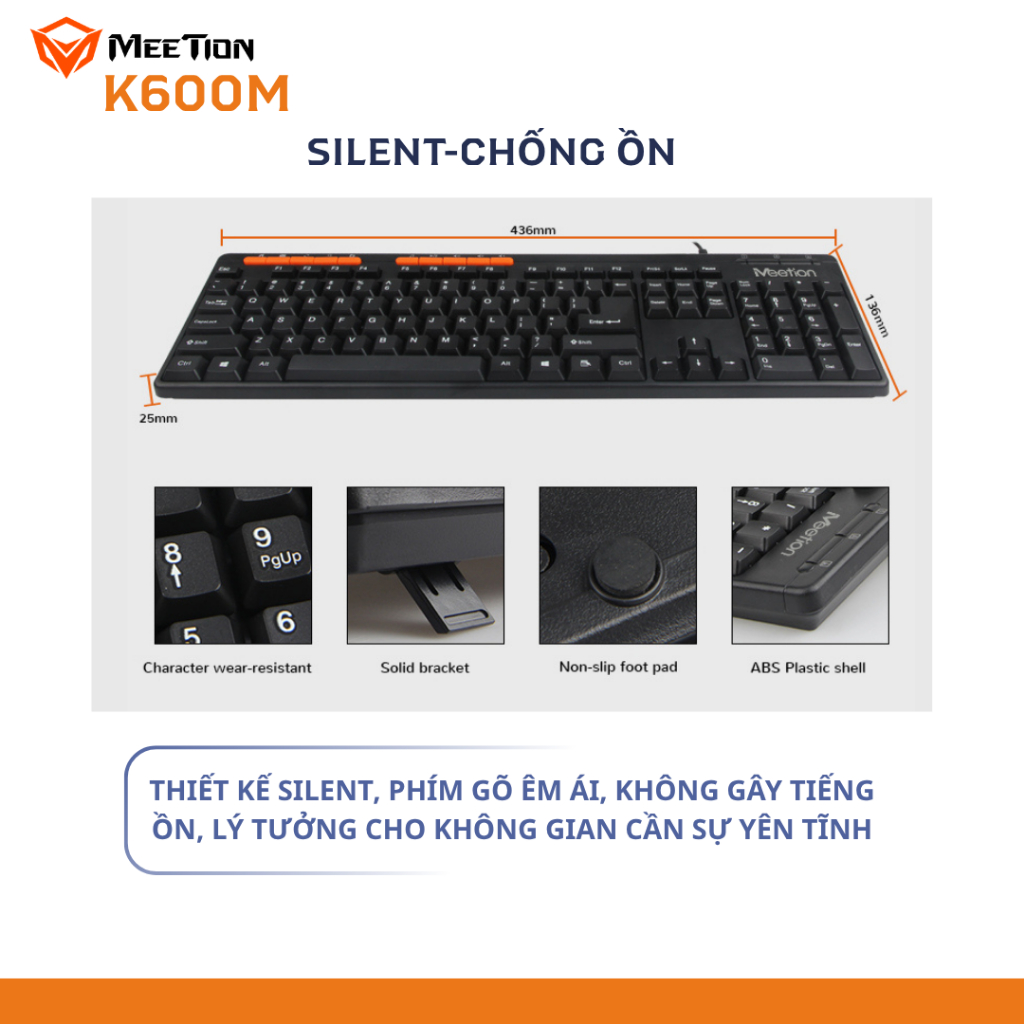 Bàn phím văn phòng chống ồn Meetion K600M, 104 phím gõ êm ái, thiết kế Ergonomic, keycap gia công UV độ bền cao | BigBuy360 - bigbuy360.vn