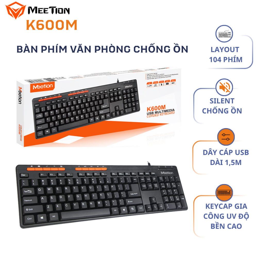 Bàn phím văn phòng chống ồn Meetion K600M, 104 phím gõ êm ái, thiết kế Ergonomic, keycap gia công UV độ bền cao | BigBuy360 - bigbuy360.vn