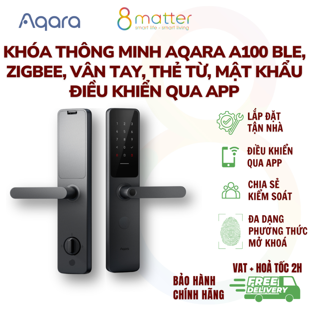 Khóa Thông Minh Aqara A100 BLE, Zigbee, Vân tay, THẺ TỪ, MẬT KHẨU, ĐIỀU KHIỂN APP - HỖ TRỢ LẮP ĐẶT