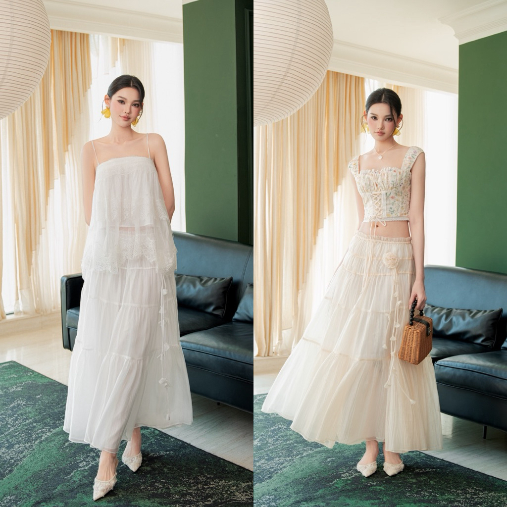 chân váy maxi tơ dáng xoè rút dây đính hoa mùa hè Janna skirt HOIVU