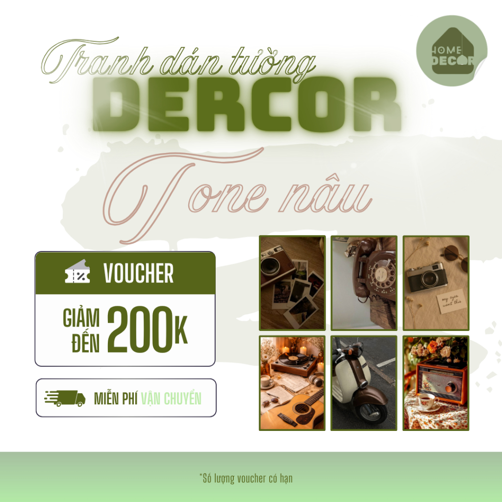 Tranh trang trí chủ đề RETRO dán tường Atwork Đèn Decor tone NÂU cute hiện đại trang trí phòng