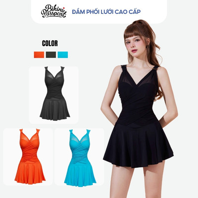 Đồ bơi Nữ BIKINI PASSPORT kiểu Một mảnh váy nhún chéo- màu Đen - BS301_BL