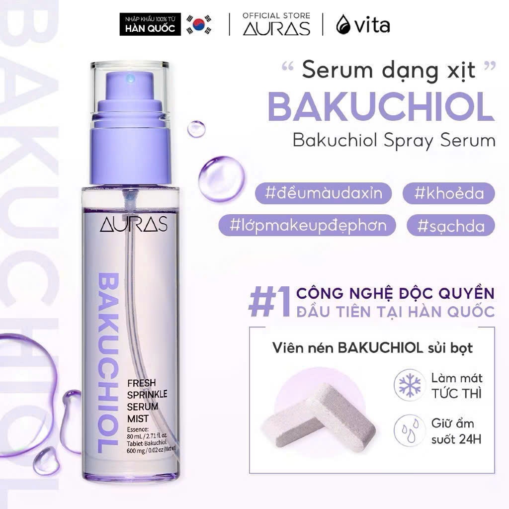 Serum xịt dưỡng AURAS BAKUCHIOL – Cấp ẩm dưỡng da - Tăng độ bền lớp makeup – Công Nghệ Viên sủi độc 