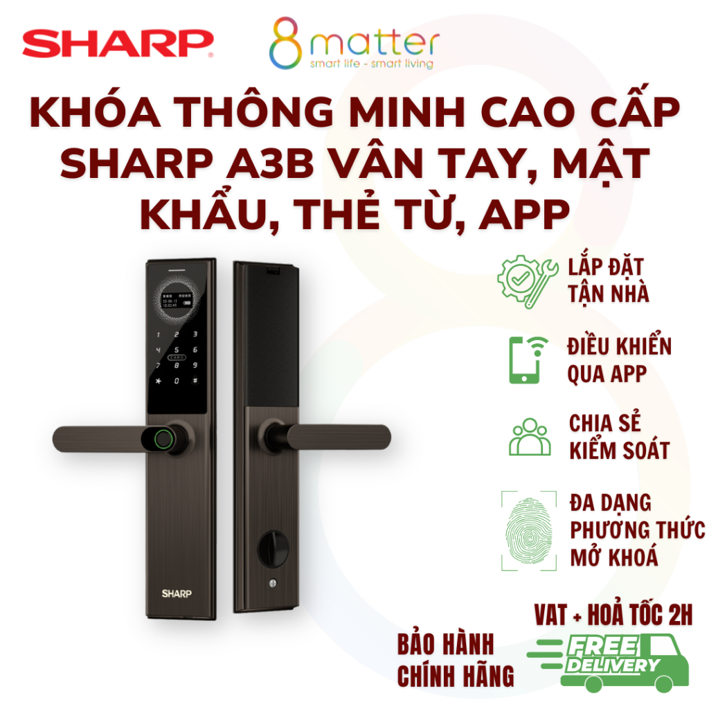 Khóa Thông Minh Sharp A3B Cao Cấp Vân Tay, Mật Khẩu, Thẻ Từ, APP - HỖ TRỢ LẮP ĐẶT