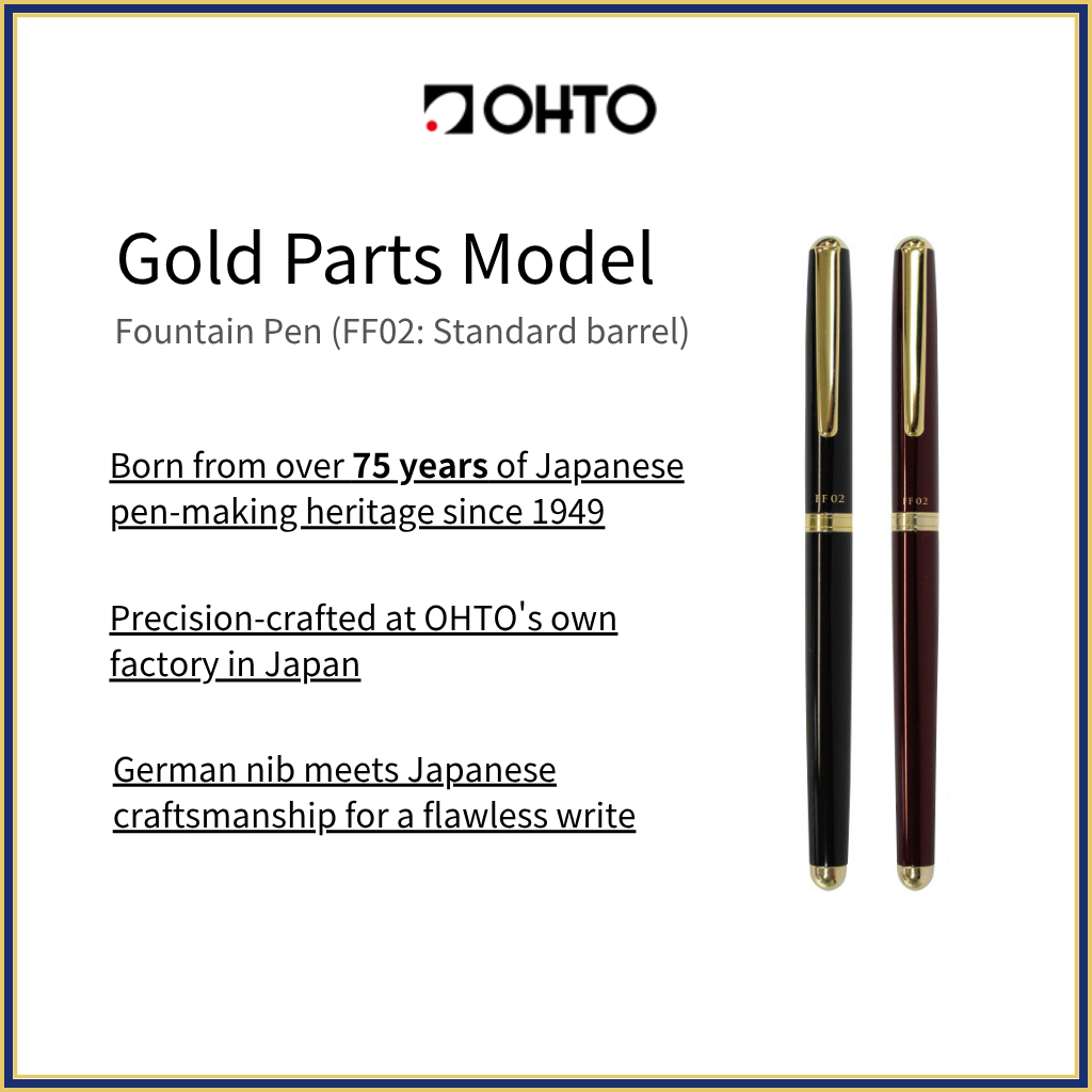 [Made in Japan]OHTO Fountain Pen FF02 Gold Parts Model – Slim Aluminum Pen with Gold Trim