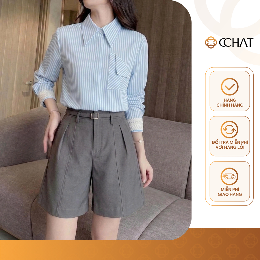 Áo Sơ Mi Nữ 𝐂𝐂𝐇𝐀𝐓 Dáng Suông Kẻ Ren Nẹp Dấu Khuy Chất Liệu Cao Cấp 16FDT8044ST