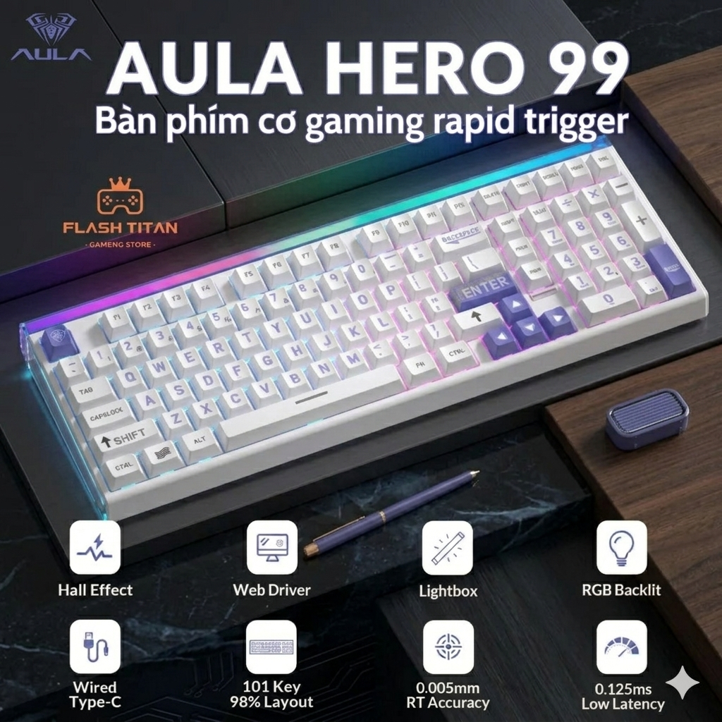 Bàn Phím Cơ Gaming Aula Hero 99 HE - Rapid Trigger - Switch Nam Châm 8k Polling Rate - RT 0.005mm