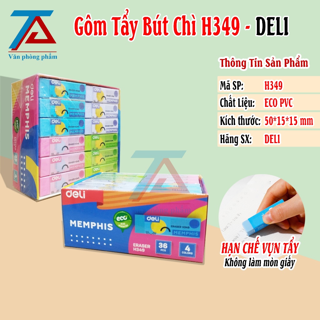 Hộp 36 Gôm Tẩy H349 Chính Hãng Deli, Gôm Tẩy Siêu Sạch, Không Mòn Giấy, Ít Bụi - VPP Trường Anh