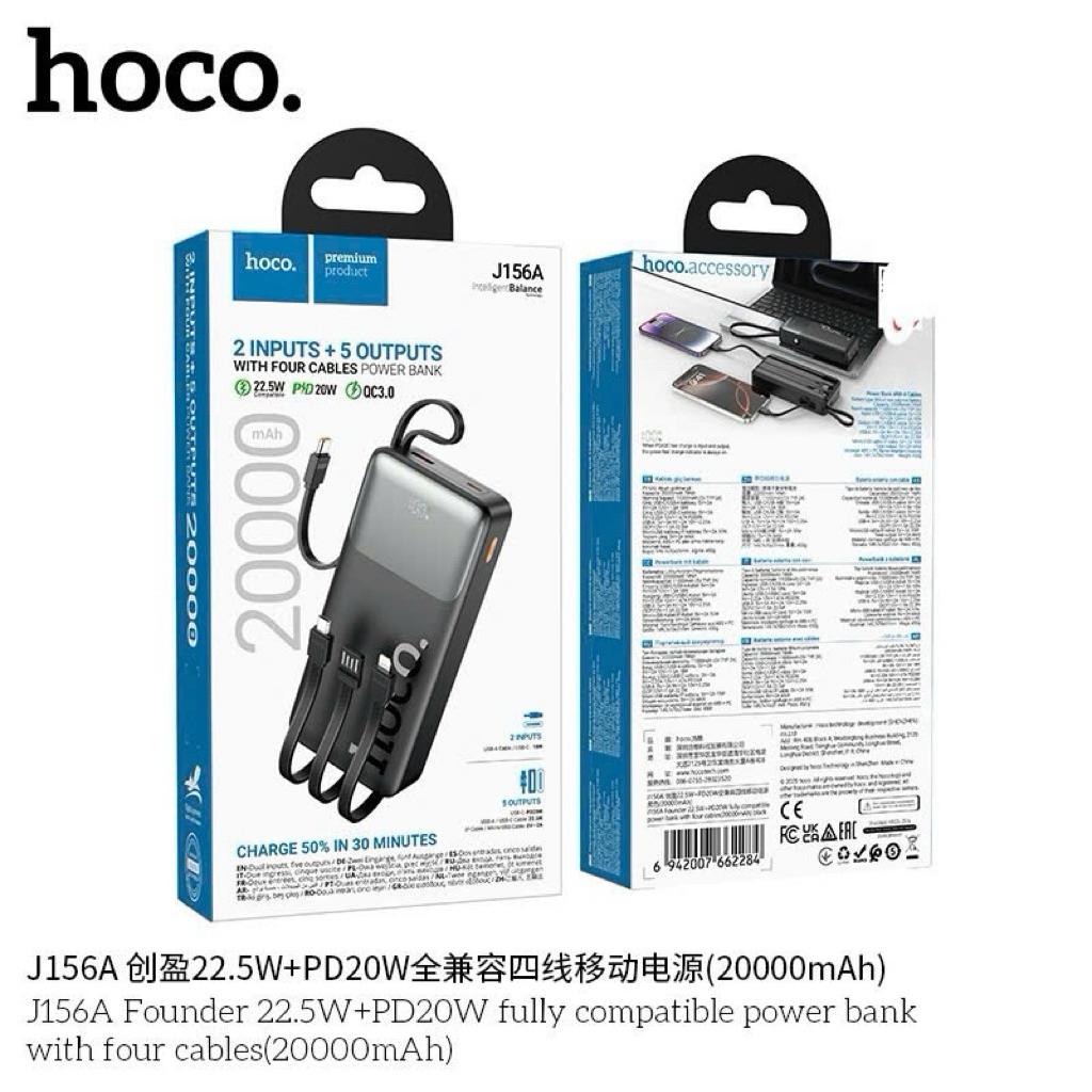 PIN DỰ PHÒNG HOCO J156A FOUNDER 22.5W+PD20W KÈM BỐN DÂY CÁP (20000MAH) bảo hành 12 tháng
