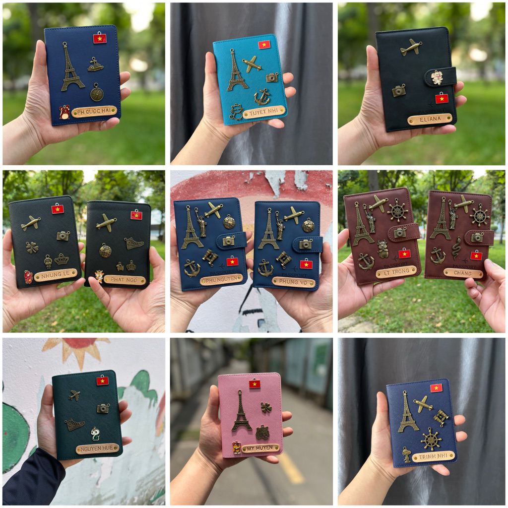 Cover Passport (Bao đựng hộ chiếu đẹp) (Bọc passport) khắc tên chủ nhân, dán charm cá tính độc đáo, 