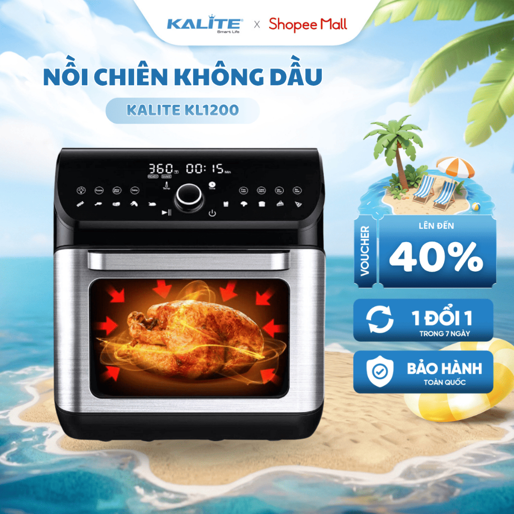 Nồi Chiên Không Dầu KALITE KL1200 Dung Tích 12L - Công Suất 1800W - 10 Chế Độ Sẵn + 7 Chế Độ Điều Ch