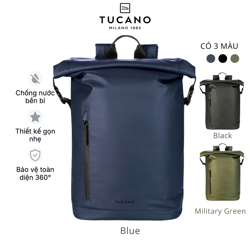 Balo Laptop/Macbook Tucano Rollo 15.6 Inch Chính Hãng, Balo Laptop Chống Nước, Cuộn Miệng, Cao Cấp