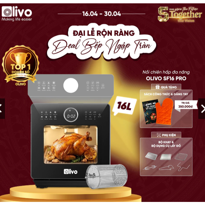 (Hỏa tốc) Nồi chiên hơi nước Olivo SF16 pro Max (new 2025) - Dung tích 16 lít - Bảo hành 2 năm