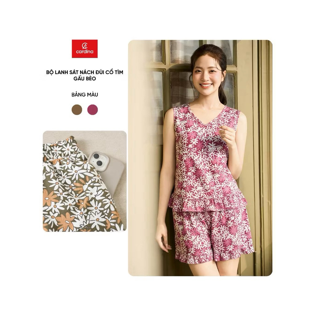 Bộ đồ mặc nhà nữ CARDINA chất liệu lanh sát nách đùi cổ tim gấu bèo 6BLN01