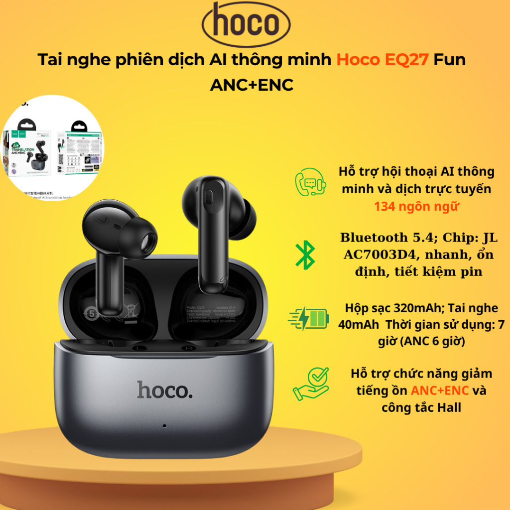 Tai nghe phiên dịch AI thông minh Hoco EQ27 Fun ANC+ENC, kết nối TWS tiện lợi