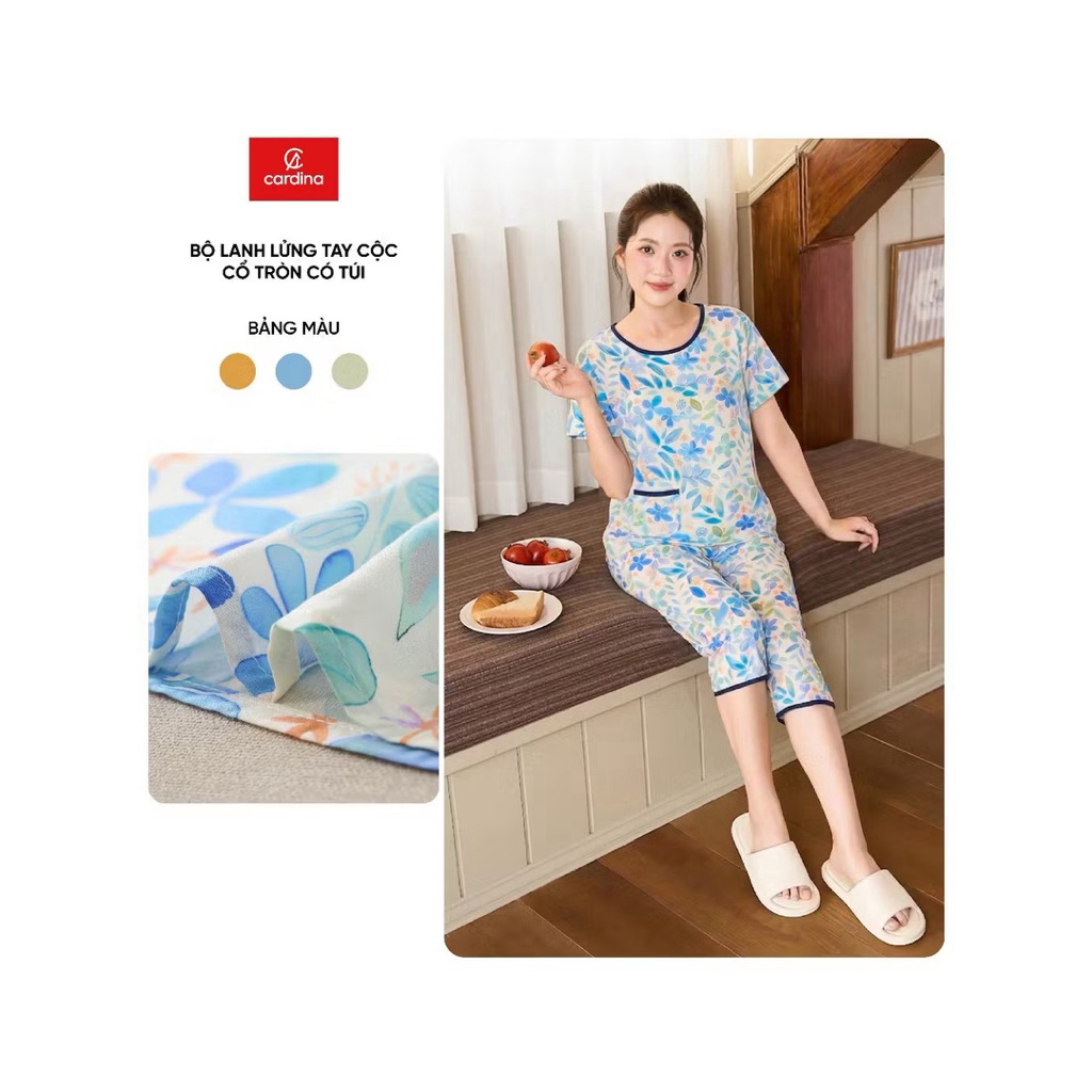 Bộ đồ mặc nhà nữ CARDINA chất liệu lanh lửng tay cộc cổ tròn có túi 6BLL03