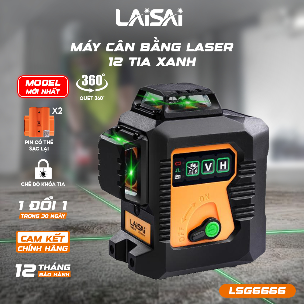 Máy Cân Bằng Laser 12 Tia Xanh LAISAI LSG6666 – Quét 3x360°, 2 pin 2000mAh, bảo hành 12 tháng
