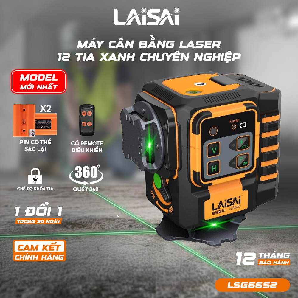 Máy Cân Bằng Laser 12 Tia Chuyên Nghiệp LAISAI LSG6652 – Thi Công Lát Gạch & Nội Thất, 2 pin, quét 3
