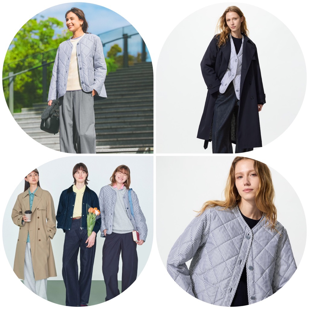 Áo khoác bông siêu nhẹ trần trám kẻ sọc dọc nữ cúc bấm dòng Pufftech của Uniqlo