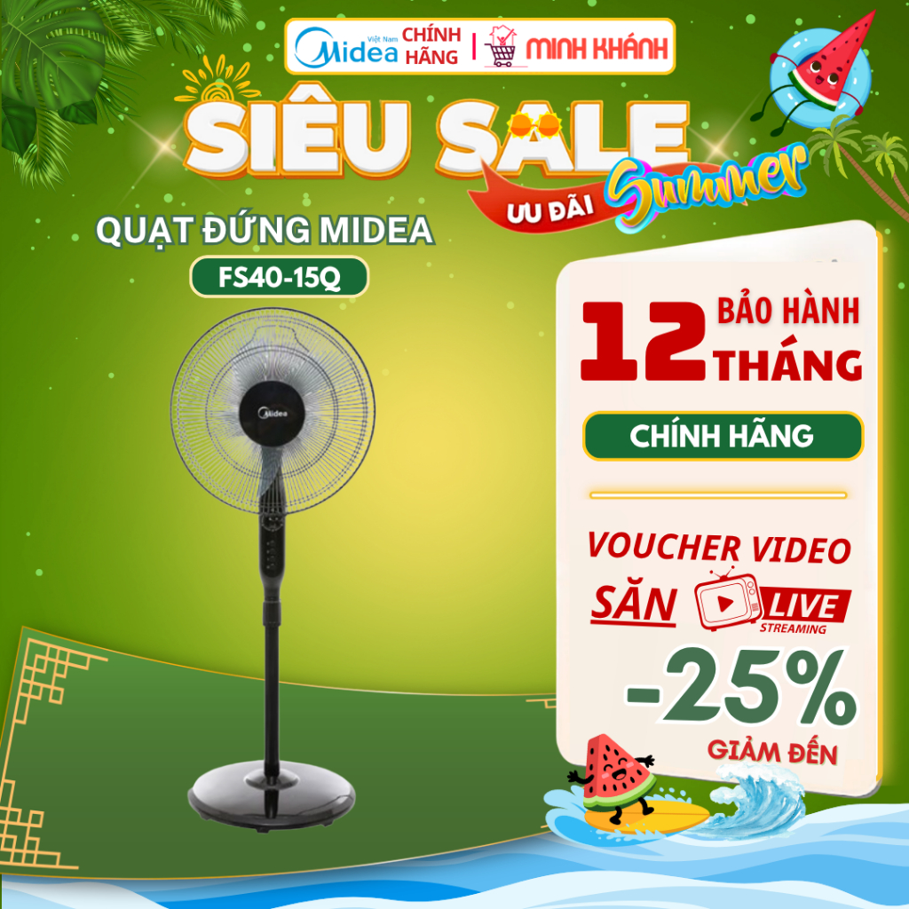 Quạt đứng Midea FS40-15Q - Quạt khoẻ, êm, 50W, Hẹn giờ 2 tiếng, có 3 tốc độ gió tiết kiệm điện