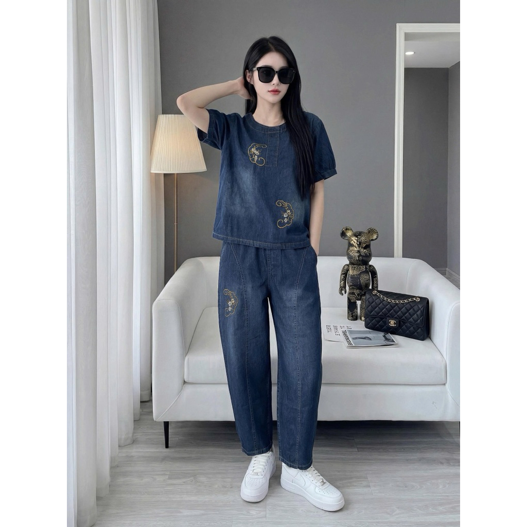 Bộ Jean Dài Nữ Gồm Áo Cộc Tay Cổ Tròn Quần Bom Dài Cạp Chun, Bộ Nữ Jean chất bò giấy Mềm Mại đủ size
