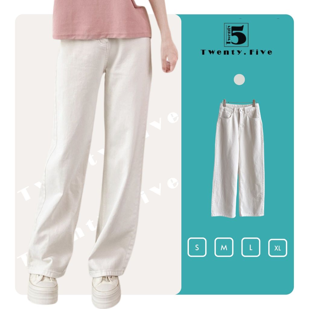 Quần Jean Trắng Ống Suông Basic Cạp Cao Dáng Rộng Nữ, Quần Dài Trơn Dễ Phối Đồ  TwentyFive Fashion -