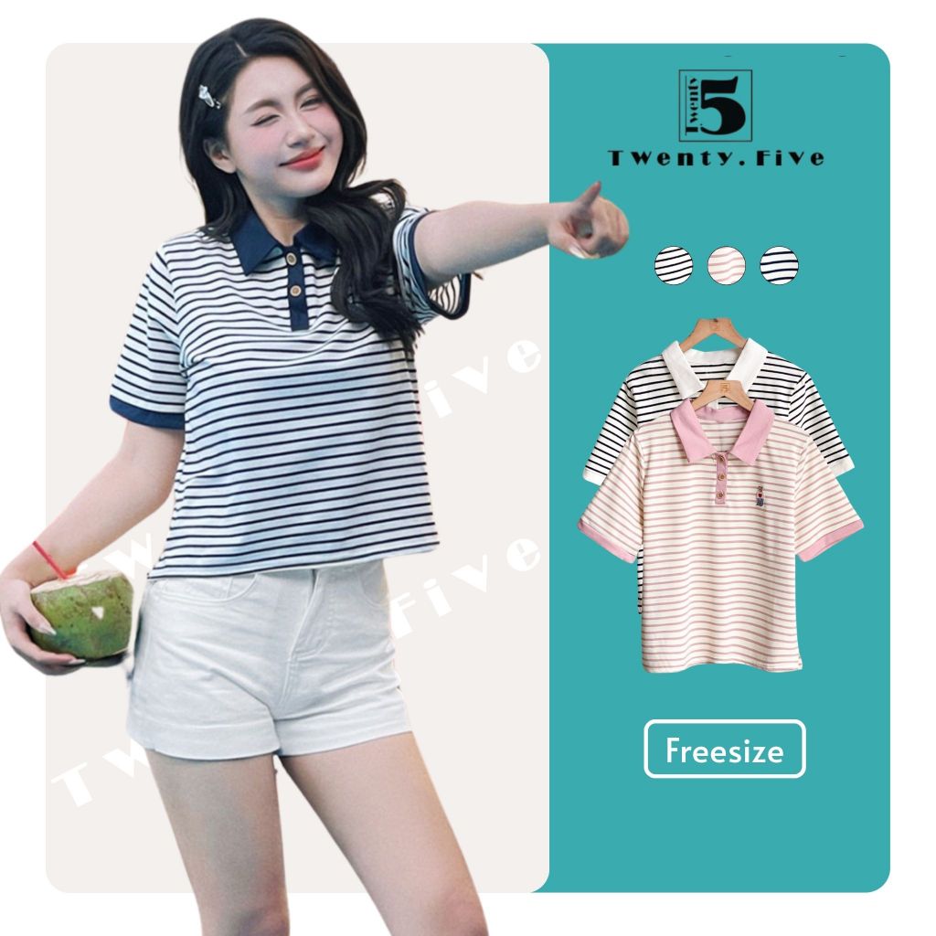 Áo Thun Polo Nữ Dáng Suông Họa Tiết Hình Gấu Dễ Thương TwentyFive Fashion 6645