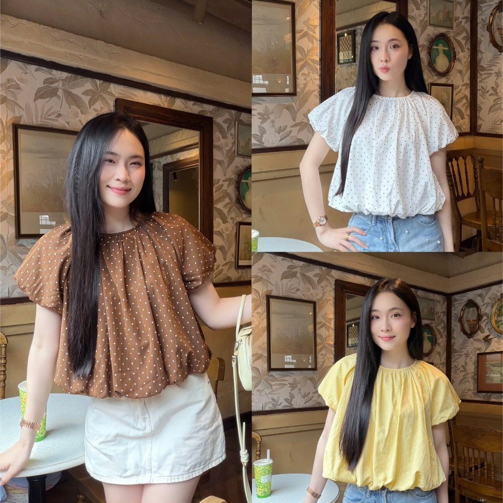 (5size) Áo kiểu nữ màu hè dáng bí vải gió hàn chấm bi xinh xắn trẻ trung LAMO - B1549