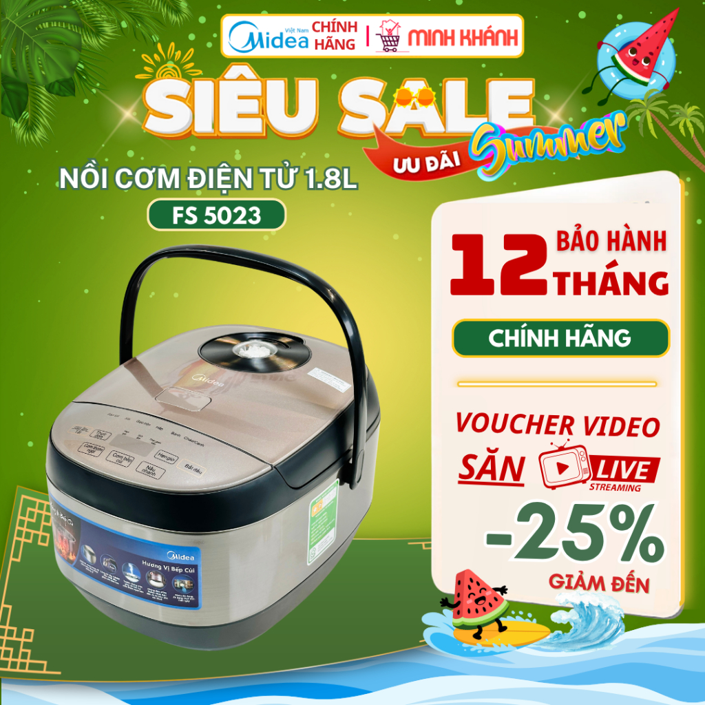 Nồi cơm điện Midea MB-FS5023 - 1,8 Lít, Lòng niêu dày, nhiều chế độ, Hẹn giờ tiện lợi, Cơm ngon, dẻo