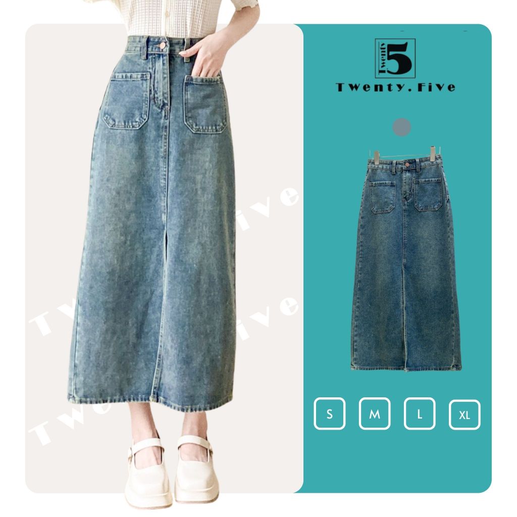 Chân Váy Jeans Dài Dáng A Túi Vuông Xẻ Trước Tôn Dáng TwentyFive Fashion – 4618