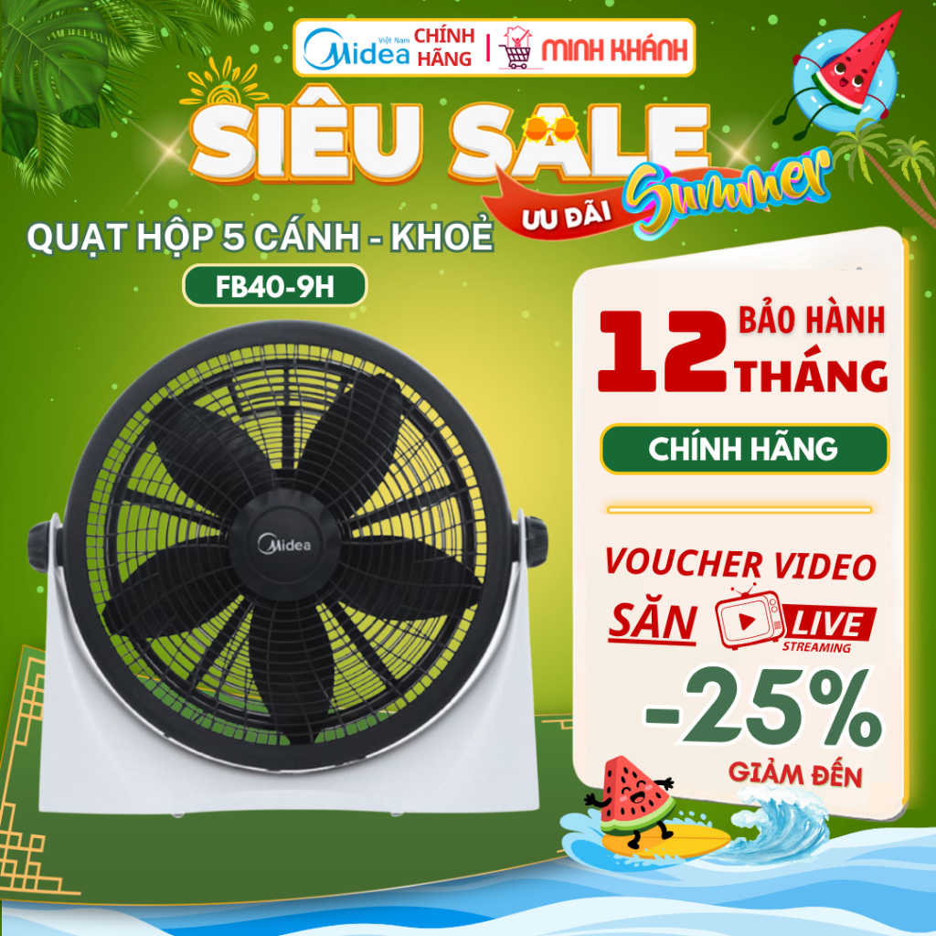 Quạt hộp Midea FB40-9H - Quay 360 độ dọc, 3 mức gió, đảo hướng, gió mạnh dùng cho nhà hàng