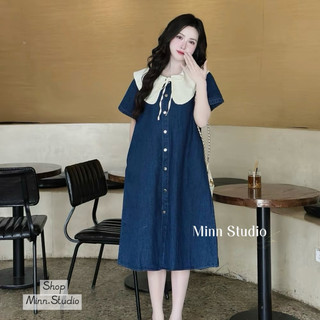 [Minnstudio] Váy Bò Suông dáng A phối cổ Sen Trắng. Váy phom rộng bầu bí bon chen mặc đi làm đi chơi đều đẹp- VáyBòCS