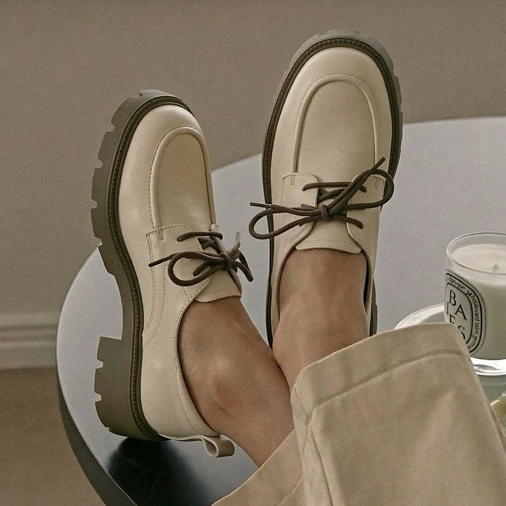 25 STUDIO Giày Oxford nữ cột dây mũi tròn đế cao 5 phân Oxford Loafer
