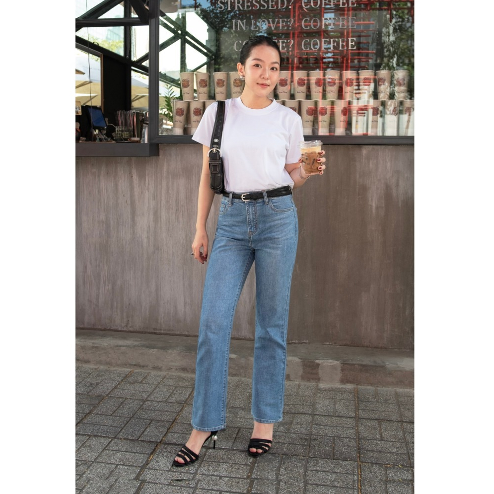 HASHTAGEM - Quần Jean Nữ HSJ.9 Straight Jeans Norse Blue Ống Đứng Co Giãn, Lưng Cao, Màu Xanh Nhạt