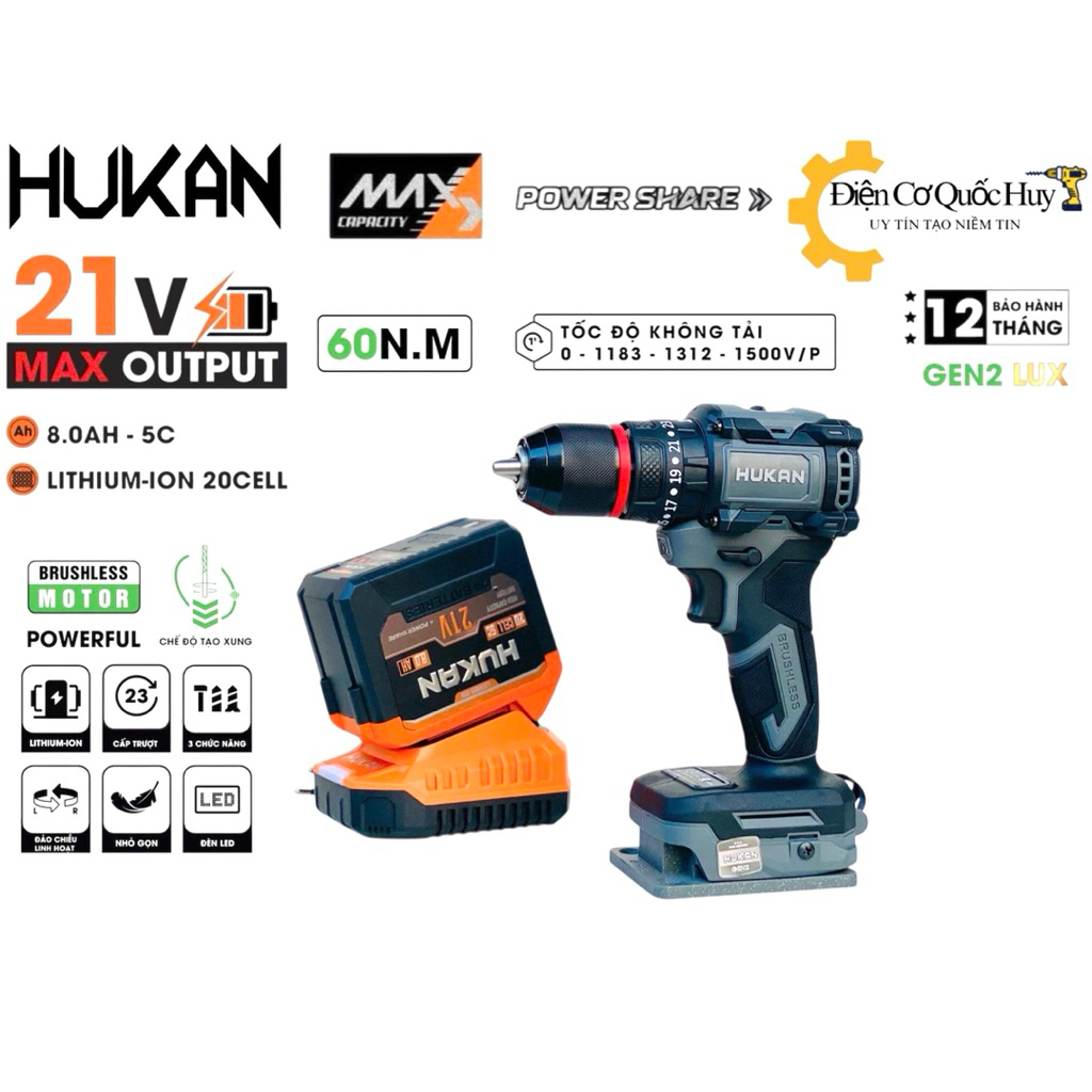 Máy khoan pin Hukan z1300 Gen 2 plus 3 chức năng không chổi than lực 60N.m có tạo xung khoá trục