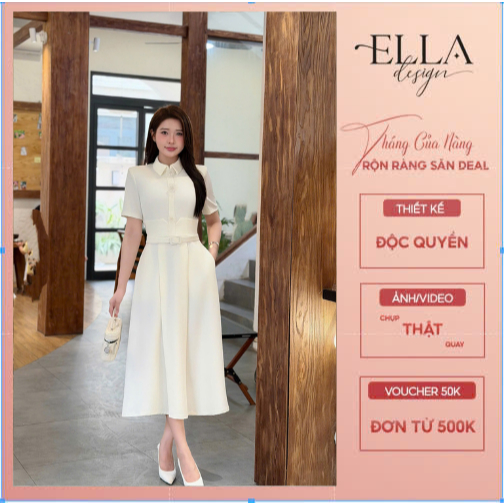 Váy Đầm Thiết Kế Ella Desgin dành cho nữ kiểu dáng váy midi xòe, tay ngắn, cổ bẻ phối đai may liền v