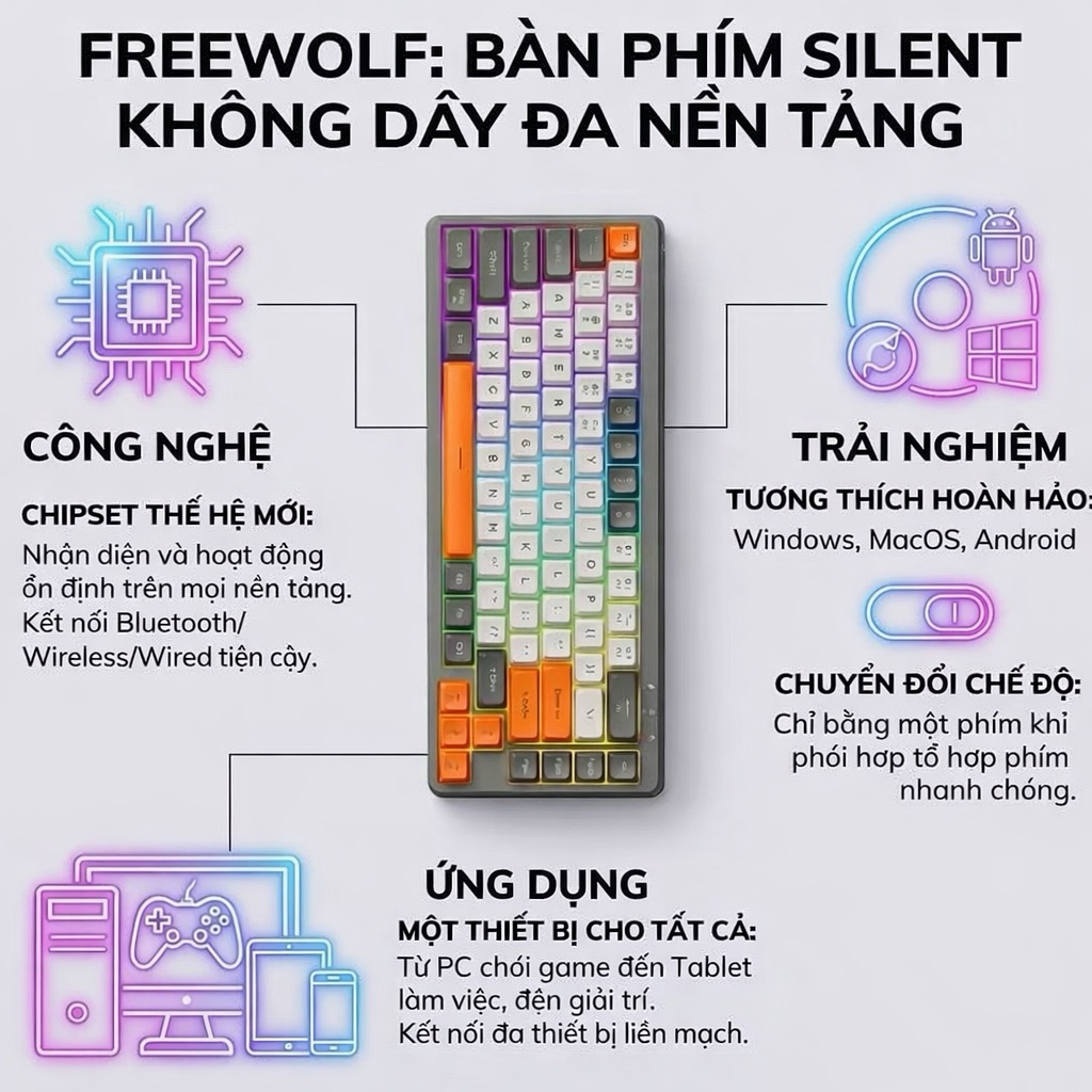 Bàn Phím Không Dây Bluetooth PIN Sạc, Bàn Phím LED Giả Cơ M68 Dùng Cho Máy Tính Laptop Điện Thoại | BigBuy360 - bigbuy360.vn