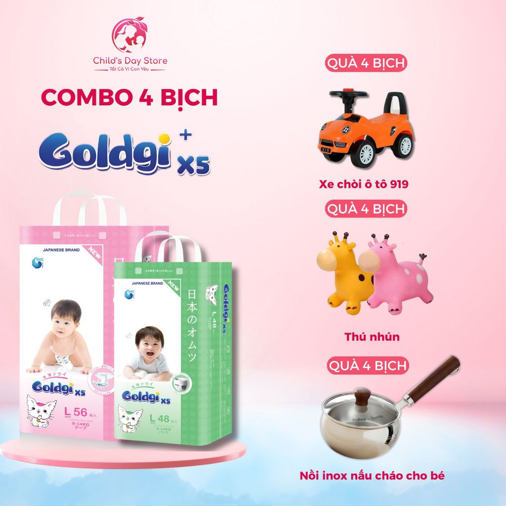 [COMBO 4 BỊCH] Bỉm Goldgi X5, Tã Goldgi X5 Nhật Bản Siêu Khô Thoáng, Thấm Hút Tốt, Ngừa Hăm