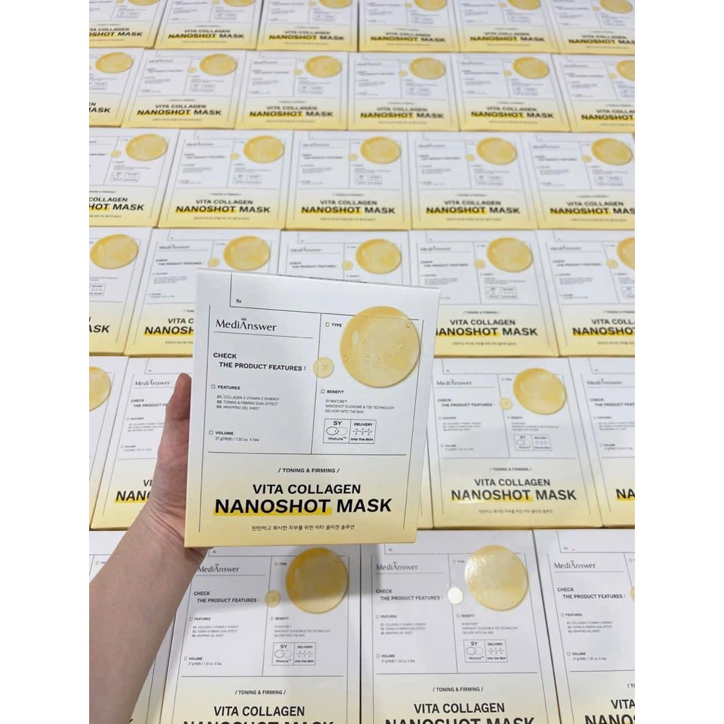 Mặt nạ thạch  𝐌𝐞𝐝𝐢.𝐀𝐧𝐬𝐰𝐞𝐫 𝐕𝐢𝐭𝐚 𝐂𝐨𝐥𝐥𝐚𝐠𝐞𝐧 𝐌𝐚𝐬𝐤 (vàng) Hộp 5 cái