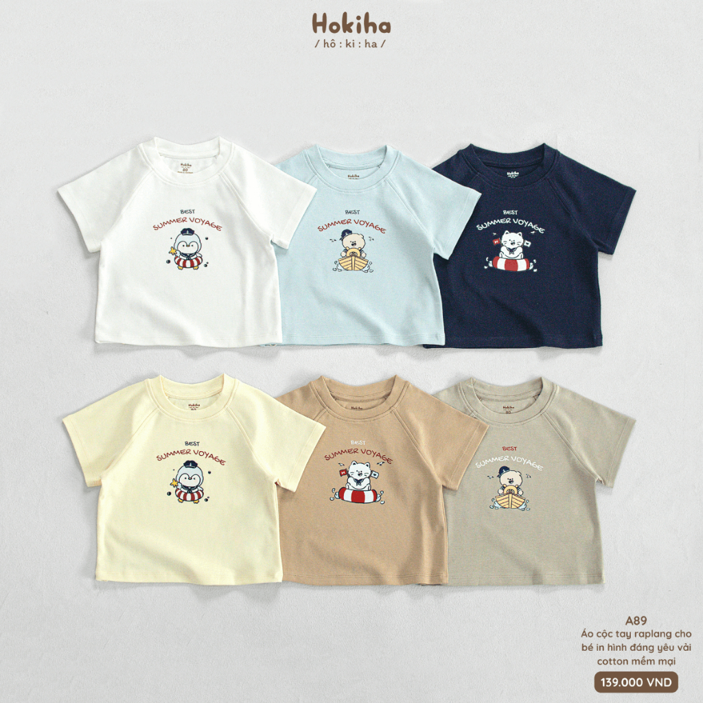 Áo cộc tay raplang in hình cho bé trai, bé gái Hokiha vải cotton mềm mại, thoáng mát size 8-17kg A89