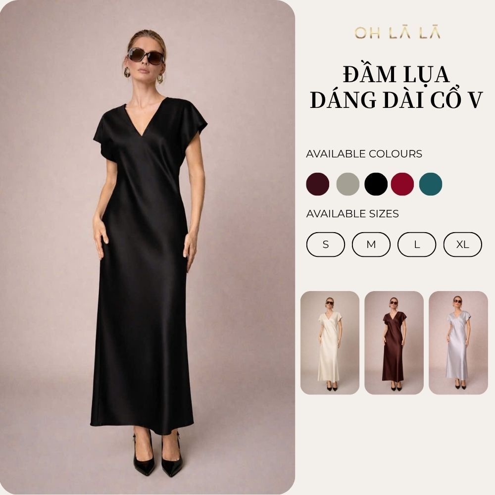 Đầm Lụa Satin Dáng Dài Cổ V, Váy Lụa ĐI Tiệc Thiết kế Ohlala