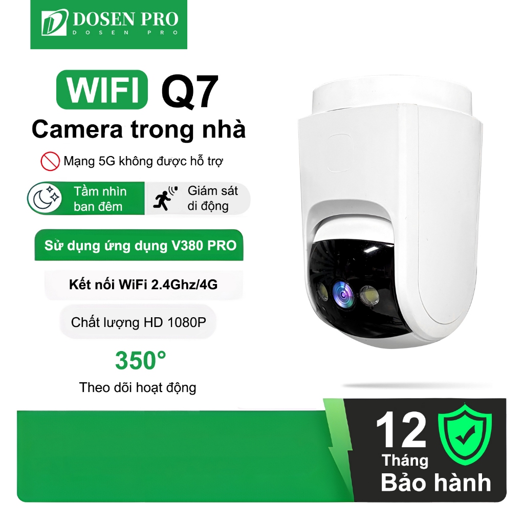 Camera WIFI DOSEN PRO Q7 Trong nhà, Quay Quét 350 Độ, Đàm Thoại 2 Chiều Tính năng nhìn đêm
