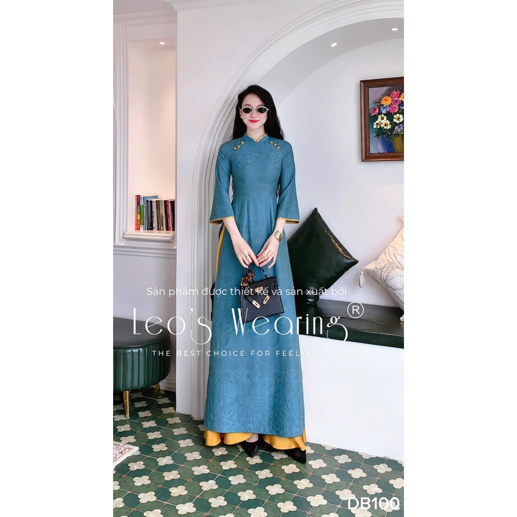 DB100 LEOSWEARING Áo dài gấm xà cừ cổ trụ đính nút, tay lửng xanh và Quần lụa vàng