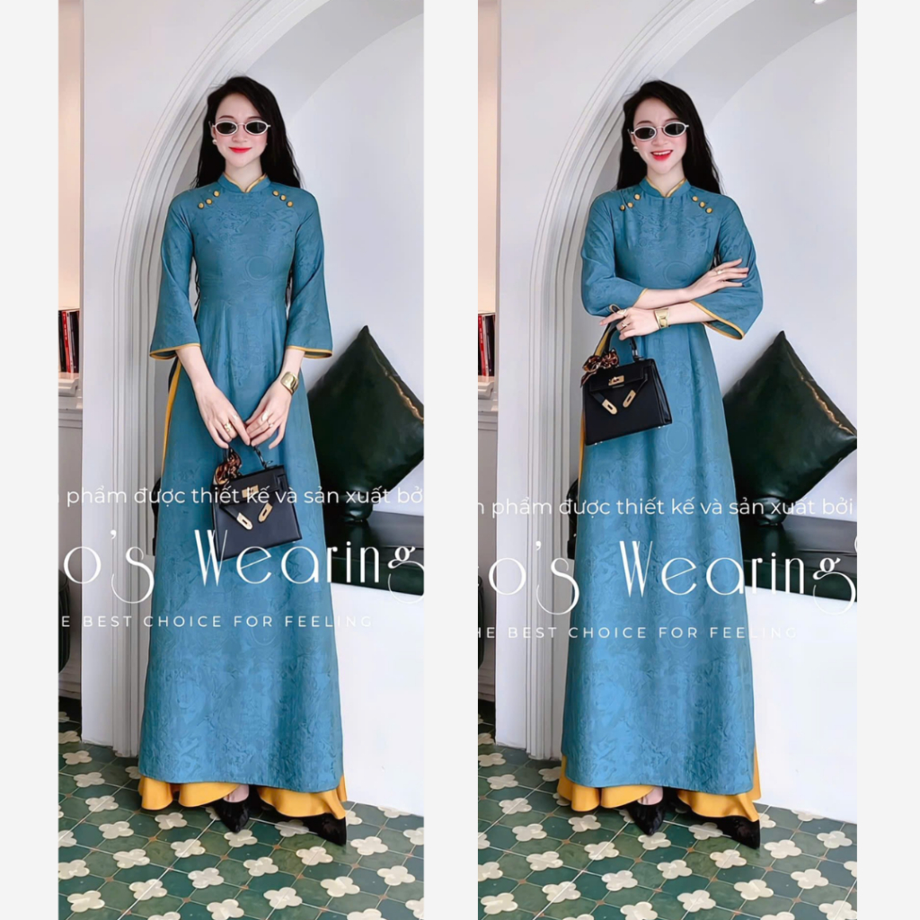Áo dài gấm xà cừ LEOSWEARING áo cổ trụ đính nút, tay lửng xanh mix Quần lụa vàng DB100 (quần váy)