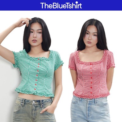 TheBlueTshirt - Áo kiểu nữ caro gingham dáng ôm xoè nhẹ có bèo trang trí nữ tính - Florence Top