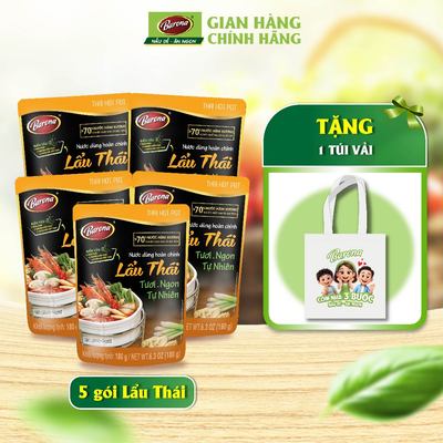 Combo 5 gói nước dùng Lẩu Thái Barona 180g tặng 1 túi vải
