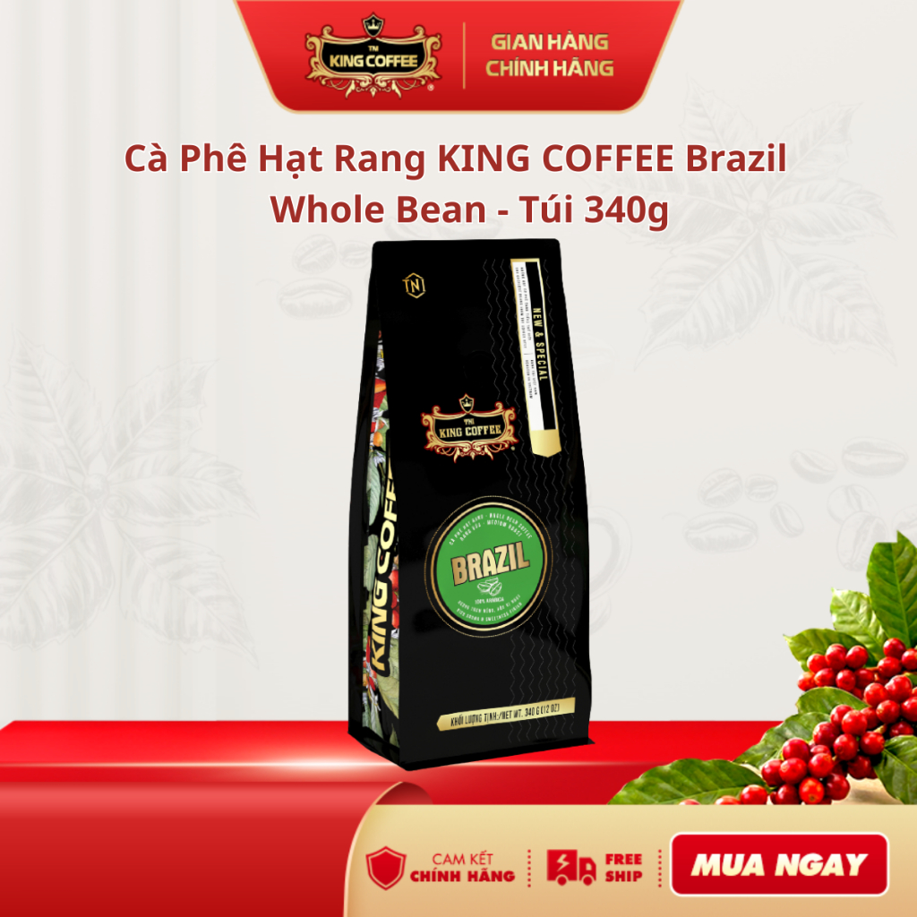 Cà Phê Hạt Rang Nguyên Chất 100% Arabica Brazil KING COFFEE - Túi 340g - Mức độ rang vừa cho hương t