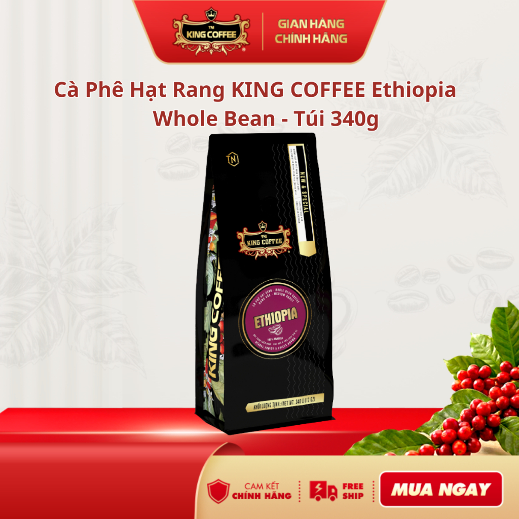 Cà Phê Hạt Rang Nguyên Chất 100% Arabica Ethiopia KING COFFEE - Túi 340g